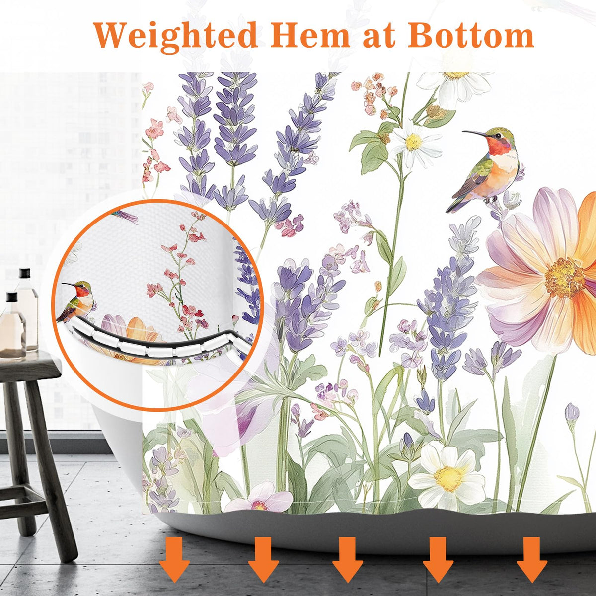 Hummingbird Shower Curtain Wildflower Lavender Daisy Garden Flower Watercolor Nature Floral Spring Bathroom Decor Bathtub Curtain Fabric Shower Curtain Set with 12 Hooks (Hummingbird Floral Garden / 72"W x 72"L (Pack of 1))