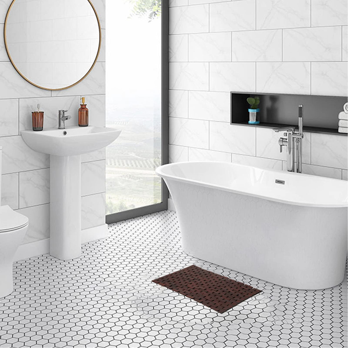 Bath Mat Bathroom Rugs Floor Wood Shower Bathtub Waterproof Non Slip Accessories 16x24 Inch Easy to Clean (Brown / 24" x 16" (Rectangular))