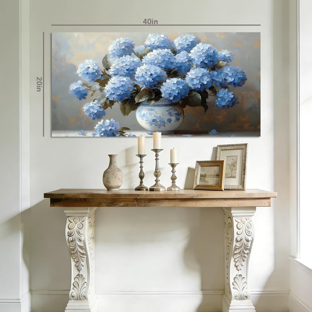 Blue Hydrangea Canvas Wall Art Floral Chinoiserie Vase Painting Flat Print Gallery Wrapped Classic Elegance Artwork for Living Room Bedroom Bathroom Decor (Bohemian / White Hydrangea Vase 2 / 40"L x 20"W)