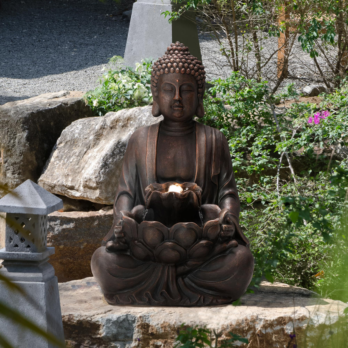 Zen Style Meditating Buddha Statue Fountain Polyresin Outdoor Decoration with Pump and LED Light (23.25in Tall)