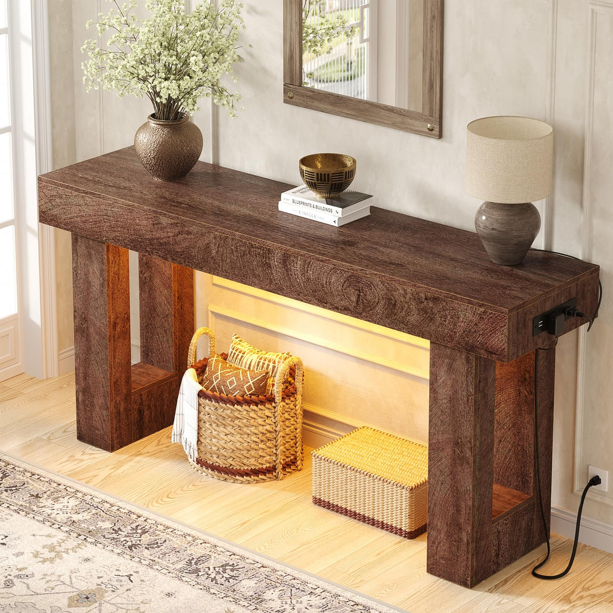 63" Console Table with Sensor Light & AC Outlets with USB (Rustic Oak / 63IN)