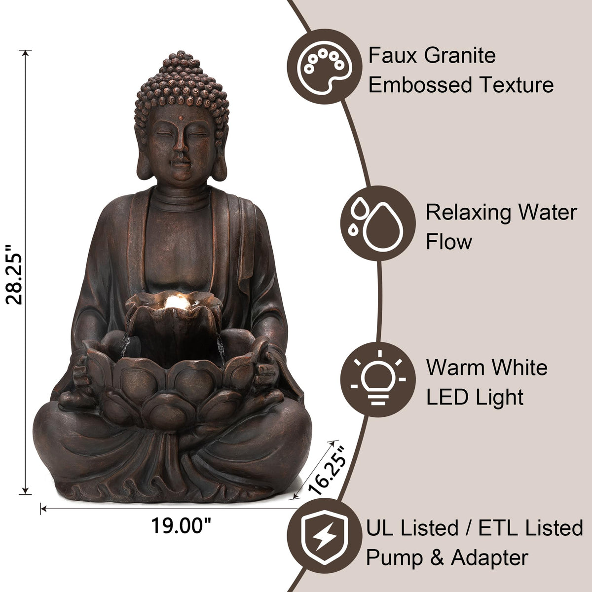 Buddha Fountain with Pump & LED Light (Bronze Buddha W/Lotus Leaf&flower Basins / 28.25"H)