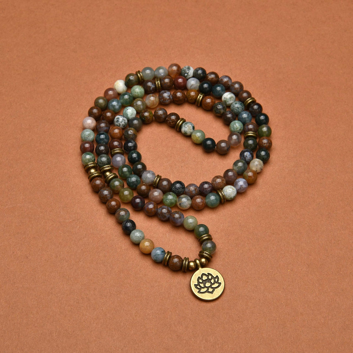 108 Healing Mala Beads Bracelet or Necklace with Gold Lotus Charm (Indian Agate)