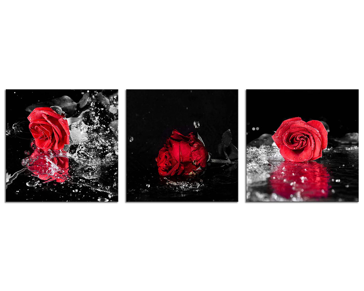 3 Pcs Modern Canvas Painting Black and White Red Rose Canvas Art Rose and Water Drops Wall Art Flower Picture on Canvas for Home Decor Giclee Framed Artwork for Wall 14X14inchX3pcs (14 x 14 inches (3-Piece Set) / Rose & Drops)