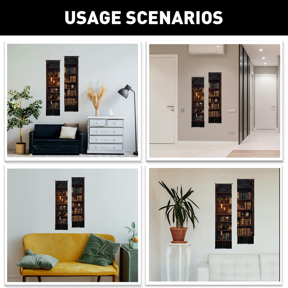 2 Pack Vintage Bookshelf Tapestry with Tassel Classic Library Wall Tapestry Vertical Wall Hanging for College Dorm Bedroom Living Room Long Narrow Home Hanging Decor (brown,green)