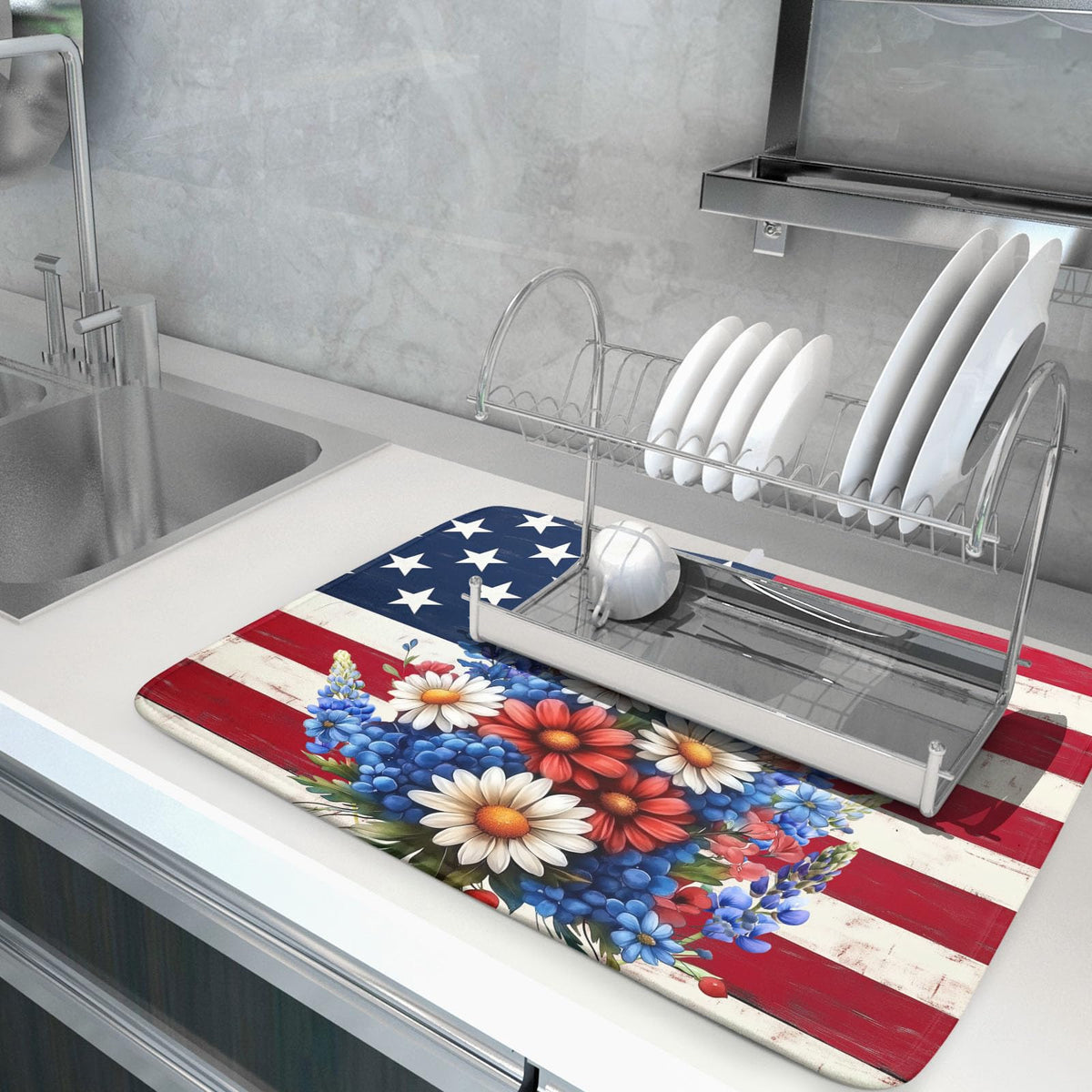 4th of July Patriotic Flower Dish Drying Mat for Kitchen Counter (Patriotic Flower / 18" x 24")