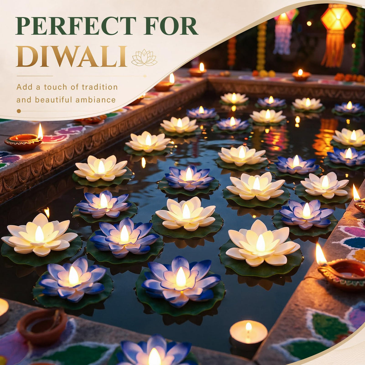 18 Pcs Diwali Floating Lotus Lights (White,Blue / 3.94 Inch)