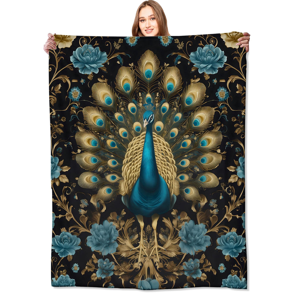 Peacock Blanket Feathers and Floral Throw Blankets with Gold and Blue Accent (50x60in / Peacock)