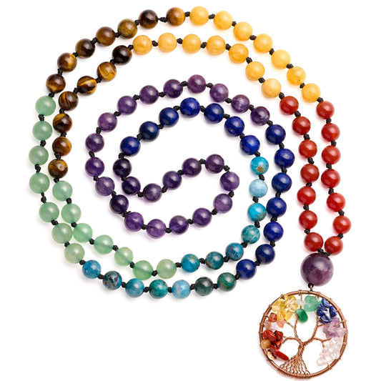 108 Mala Beads Necklace Life Tree Charm Real 7 Chakra Gemstone Long Beaded Necklace Prayer Yoga Meditation Hand Knotted Wrap Bracelet (6mm / 7 Chakras Stone)