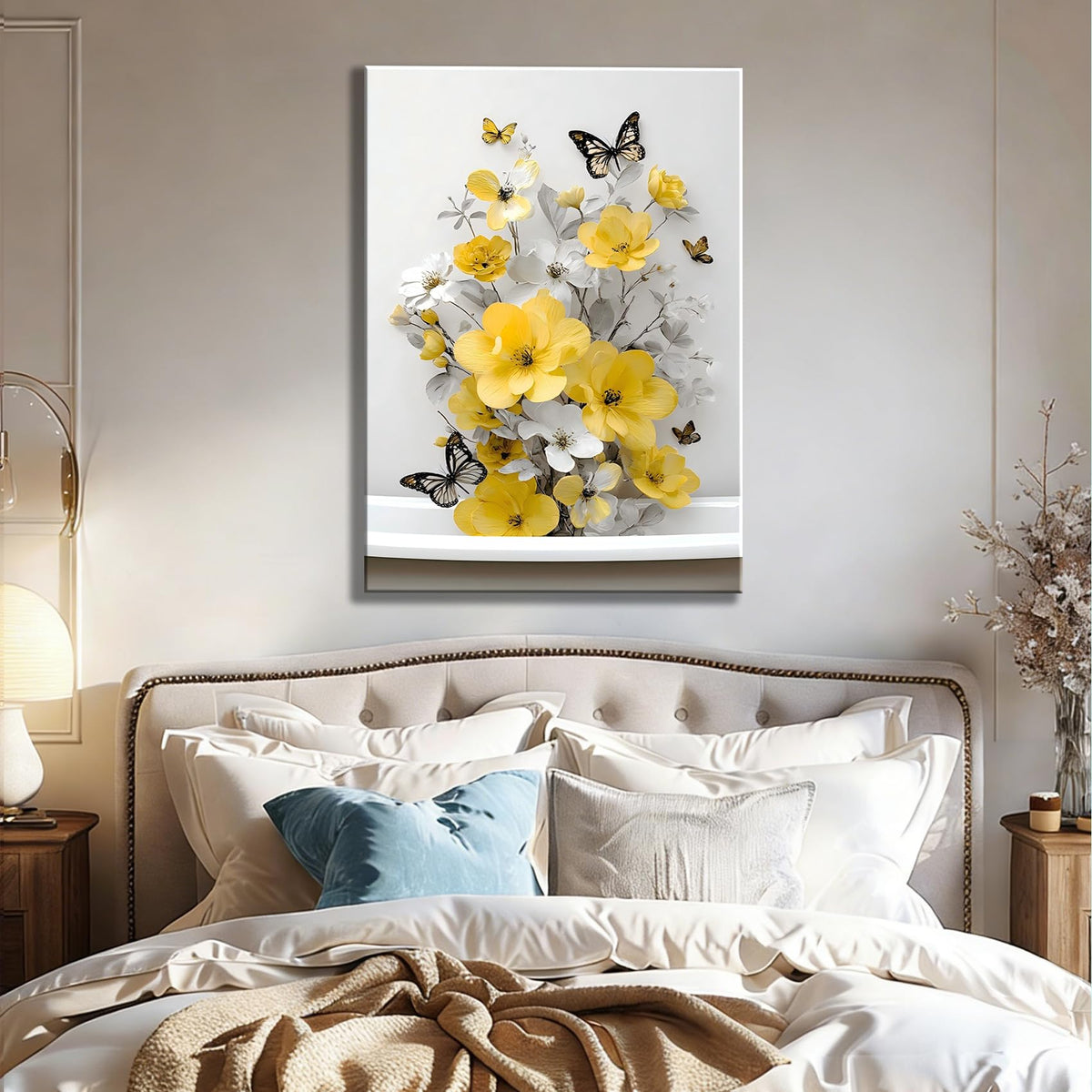 Framed Yellow Floral Canvas Wall Art for Bathroom Decor (Pictures18 / 12"L x 8"W)