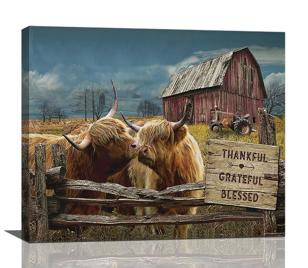 Farmhouse Highland Cow Wall Art Highland Cows Pictures Wall Decor Rustic Country Canvas Prints Decorations Painting Artwork Office Home Decor For Bathroom Bedroom Living Dining Room 20L X 24W (Farmhouse Cow / 20"L x 24"W)