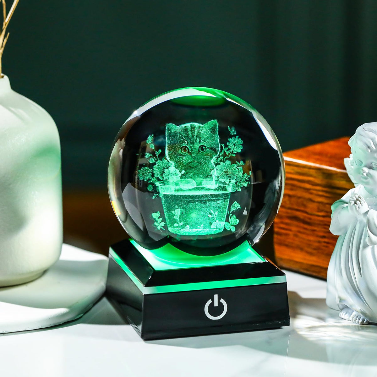 3D Crystal Flowerpot Cat Ball Figurines with Colorful LED Base Cat Lover Gifts for Women Men Cats Collectibles Home Decor (Flower Cat)