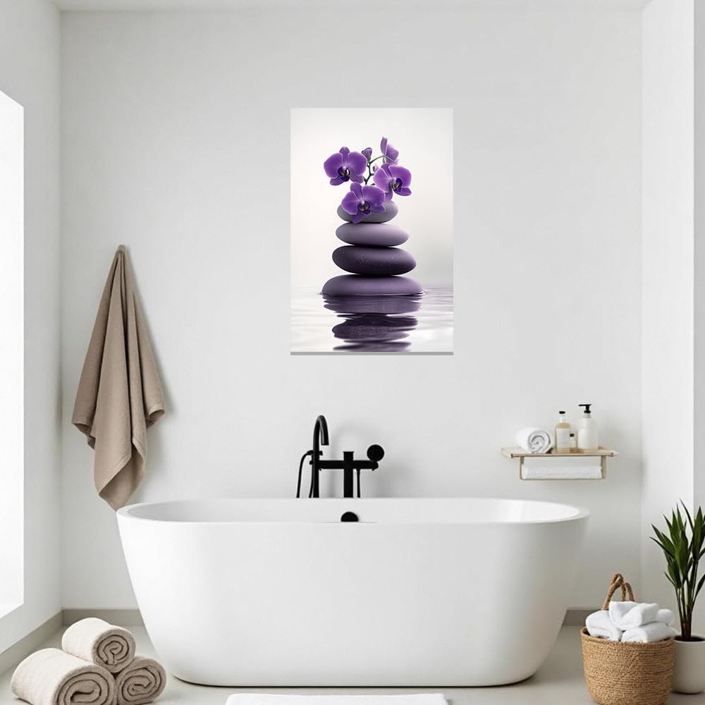 Zen Wall Art Stones Picture Orchid Canvas Painting Purple Zen Water Prints Spa Bathroom Decor Meditation Yoga Room Office Home Framed (Purple / 12" x 18")