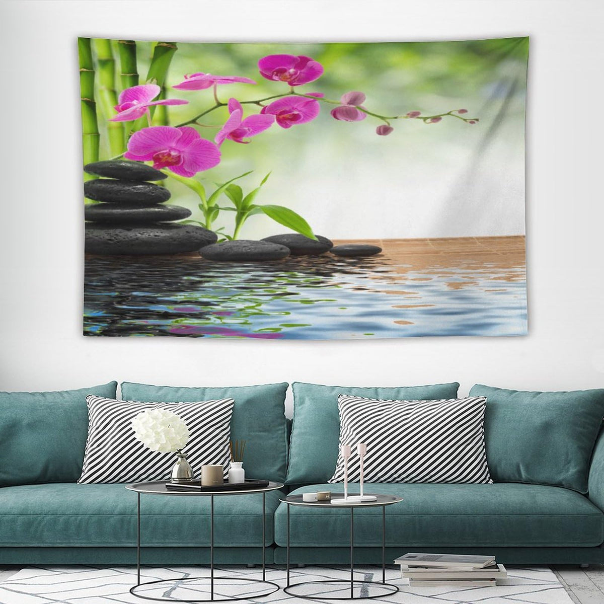 Spa Tapestry Wall Hanging Orchid Flowers Pebble Stones and Bamboo on Water Image Tapestries Home Decor for Living Room Bedroom Farmhouse Kitchen Dorm 40"x60" (40"L x 60"W / Zen-3)