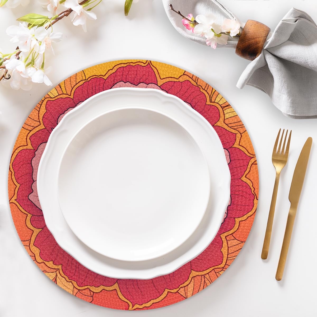 Flower Woven Placemats Round Placemats Set of 4 Festival Party (A 018 / 4 pieces)