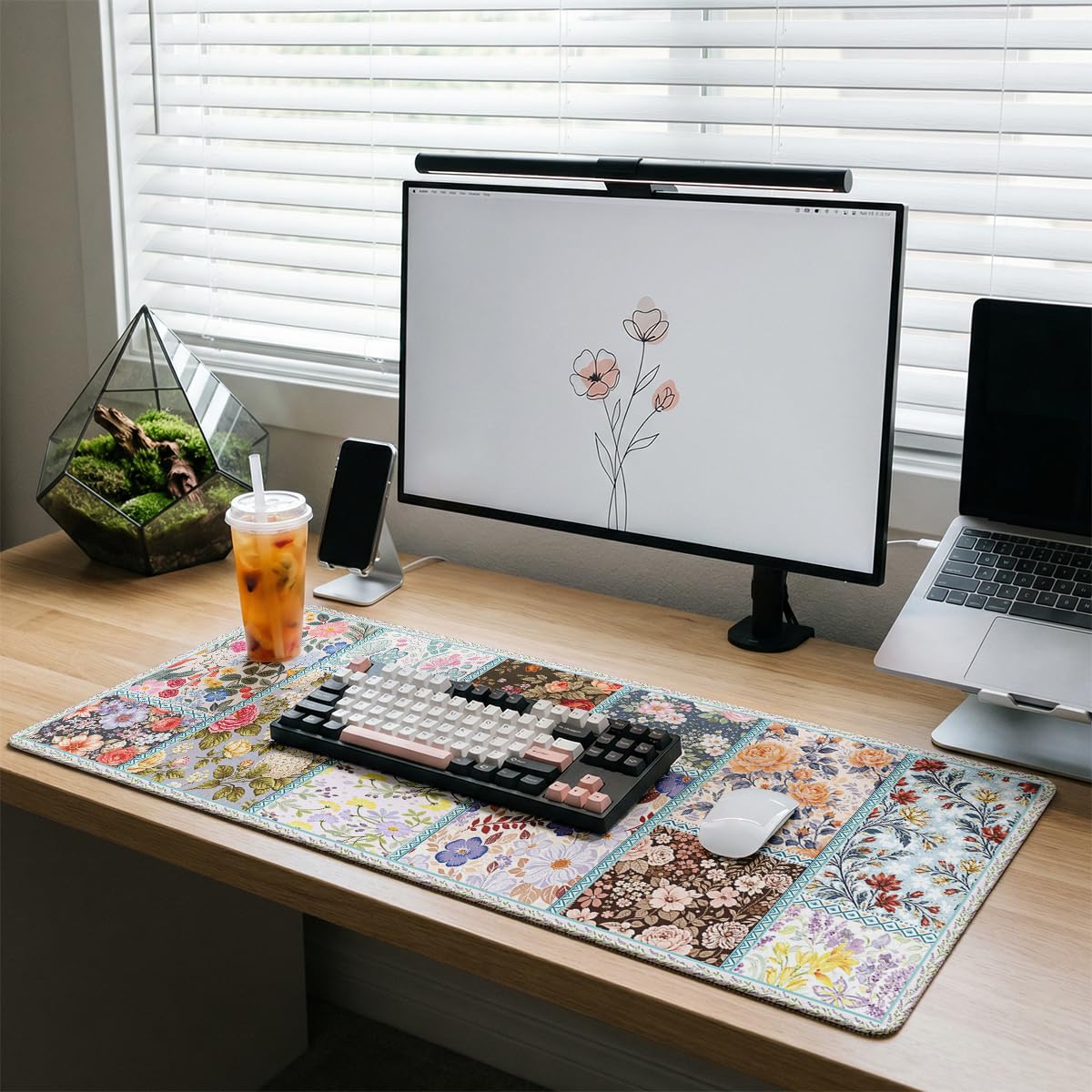 Cottagecore Floral Large Gaming Mouse Pad Patchwork Vintage Flowers Desk Mat (Cottagecore Floral / 31.5L x 11.5W inches)