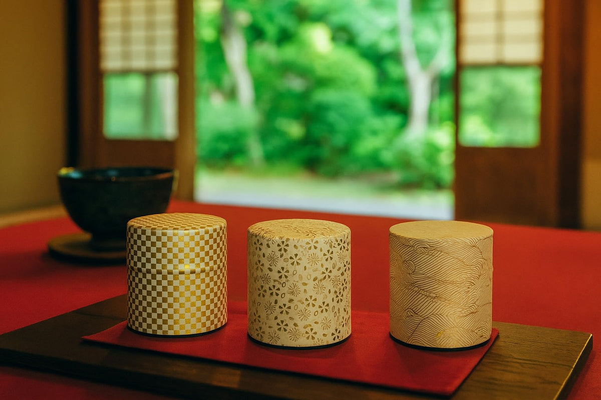 Japanese Pokkan Matcha Coffee Spice Tea Tin Canister Washi Paper Storage with Lid 7.05 oz Capacity (Kenran Nami,S)
