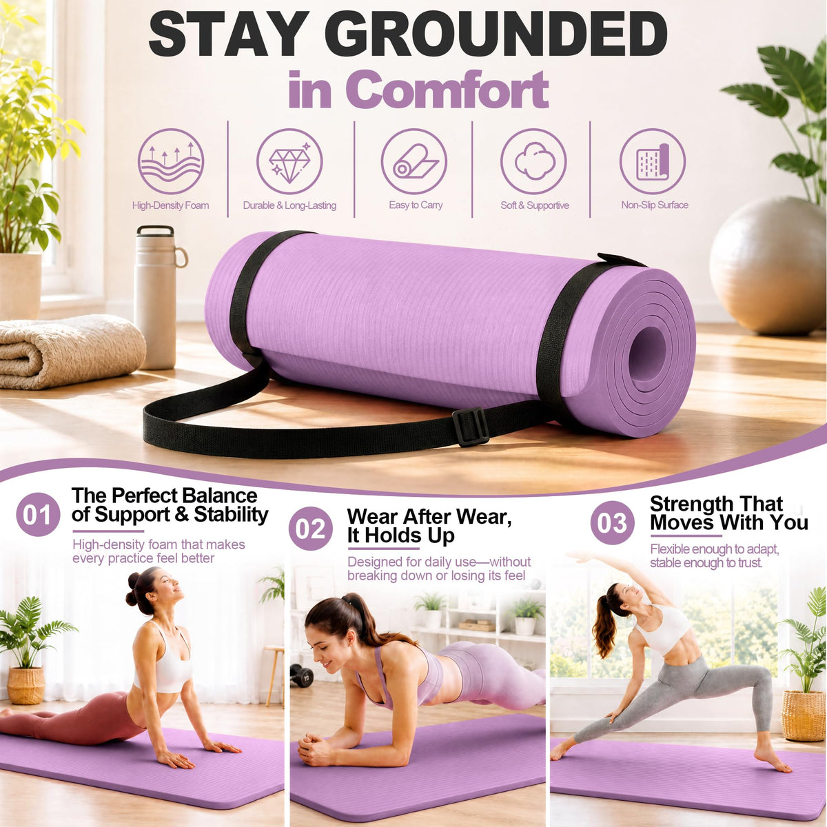 1" Extra Thick Yoga Mat (Taro Purple / 71"L x 24"W x 1"Th)