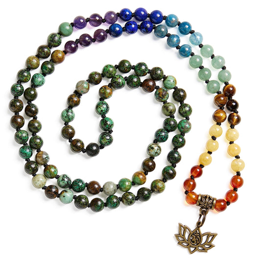 108 Mala Beads Necklace 7 Chakra Semi (6mm / Lotus OM - African Turquoise)