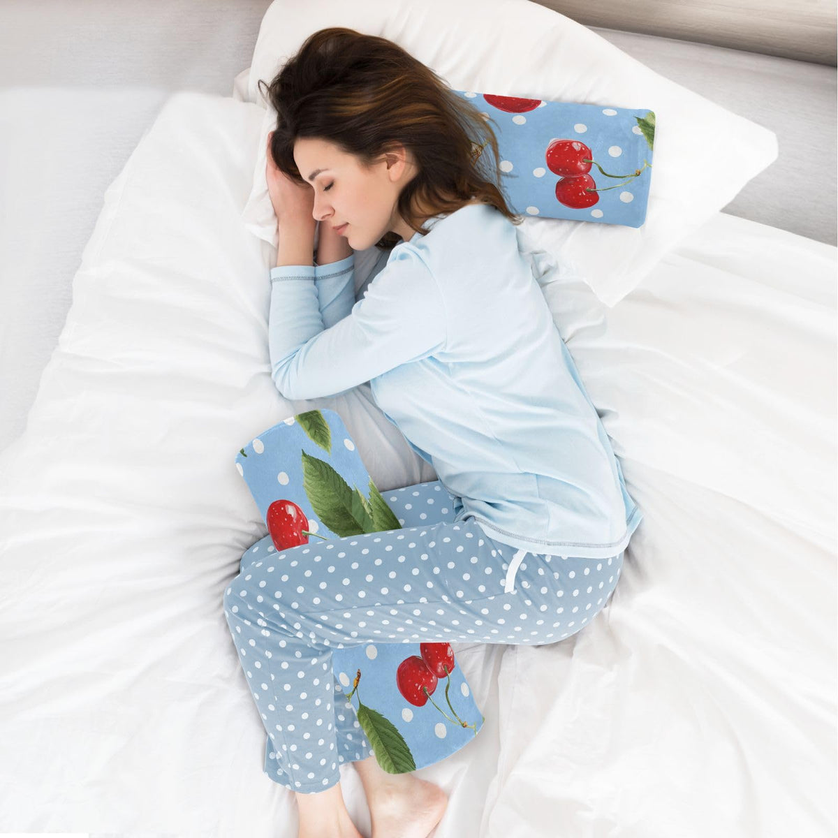 Light Blue Dots Red Cherry Neck Roll Pillow Bolster Round Health Memory Foam Long Cervical Cylinder Pillows with Removable Washable Cover for Body Bed Legs Back Yoga (Light Blue Dots Red Cherry)