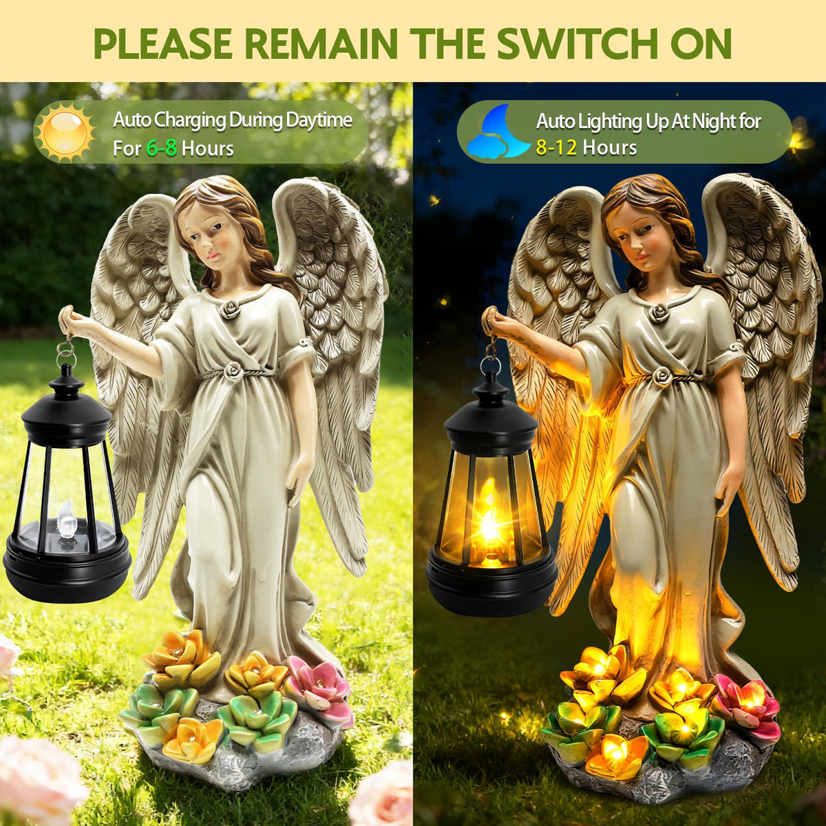 Solar Garden Statue Angel Figurine (Grey - Angel with Lantern)