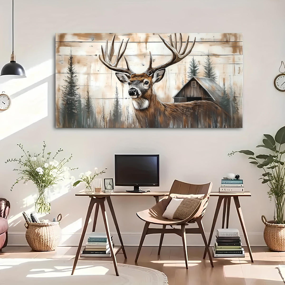 Farmhouse Deer Canvas Wall Art Rustic Deer Wall Decor Barn Picture for Kitchen Dining Room Home Decorations Wildlife Painting Vintage Tree Forest Poster Prints Woodland Animal Prints Artwork 30x60” (60"L x 30"W / DEER)
