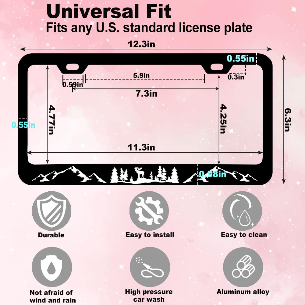 Moose Forest Mountains License Plate Frame Women Men 2Pc Car Tag (for Mountain-Black1)