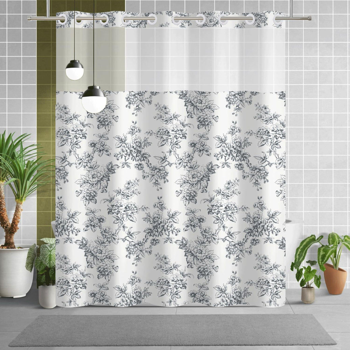 Vintage Floral No Hook Shower Curtain with Snap in Liner Set (Plain Colored Floral)