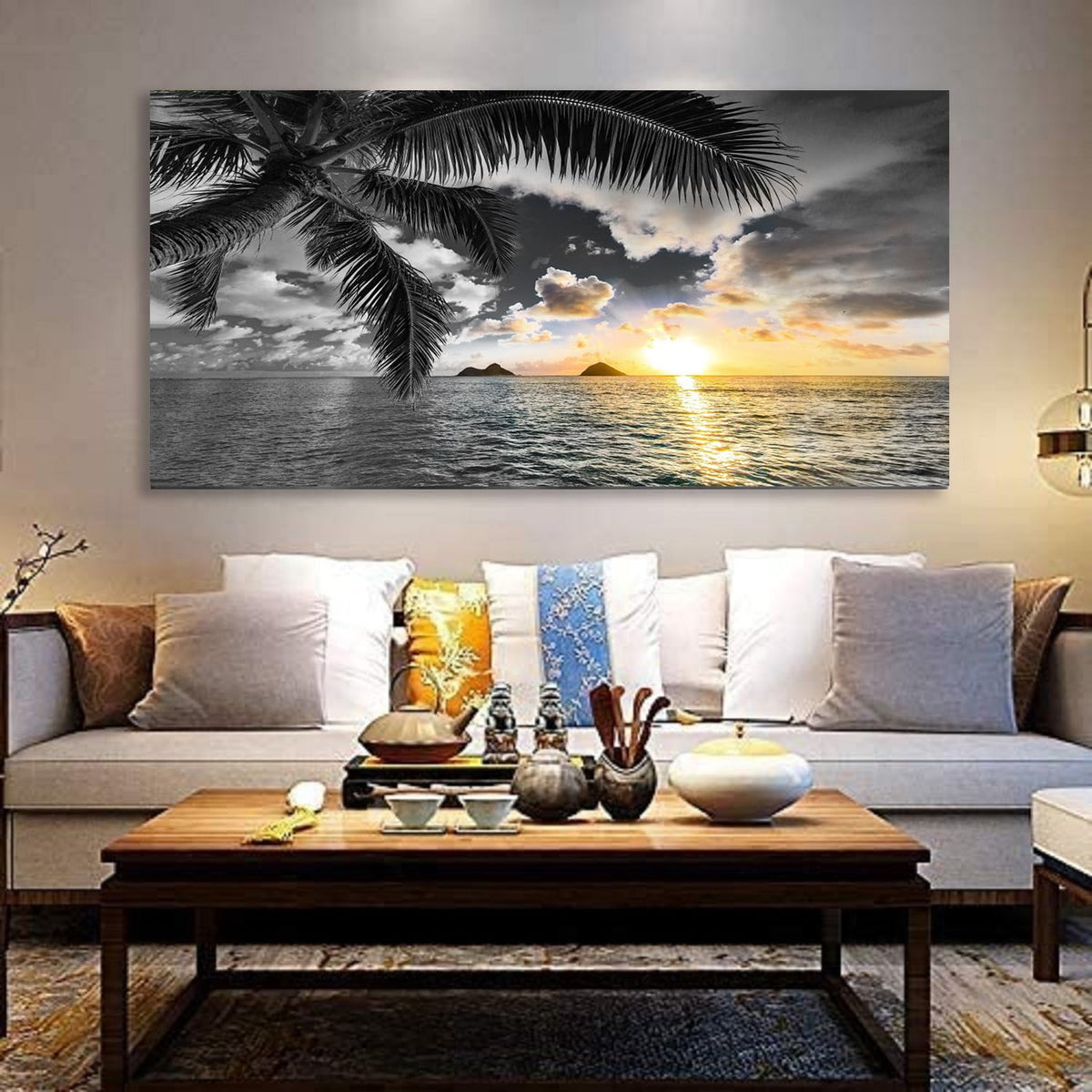 Large Canvas Wall Art for Bedroom Black and White Beach Wall Art Sunset Seascape Pictures Palm Prints Art Wall Decor Living Room Ocean Poster Painting Home Office Decoration Scenery Artwork (beach HB / 60"L x 30"W)