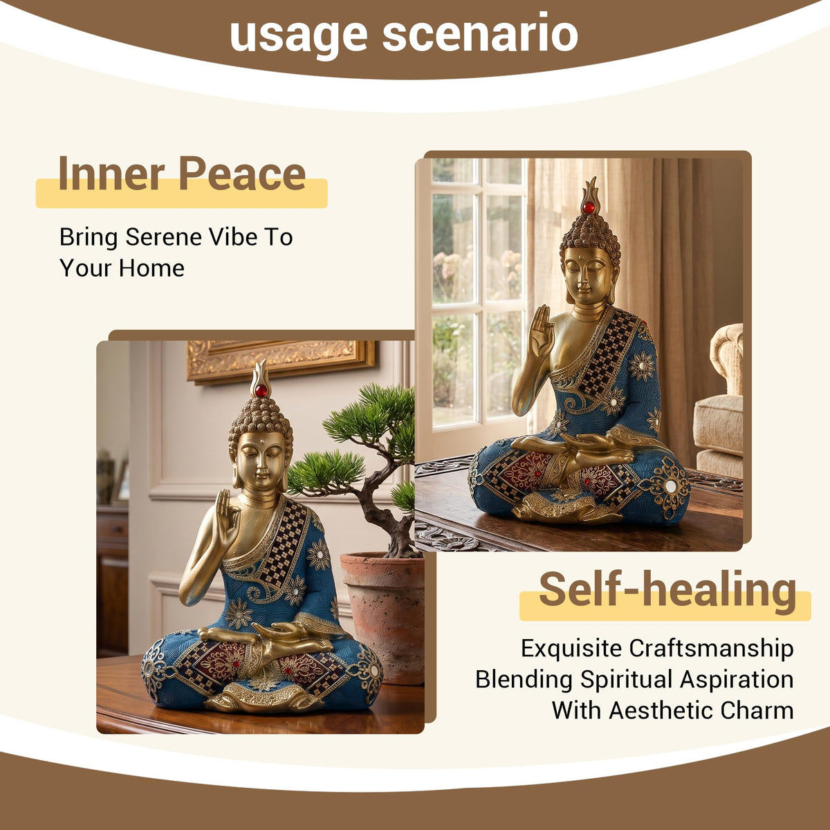 9.5 Inch Meditating Zen Sitting Thai Buddha Statue Figurines Sculpture Collectibles for Home Decor Room Office Indoor Spiritual Gifts (Blue/Gold)