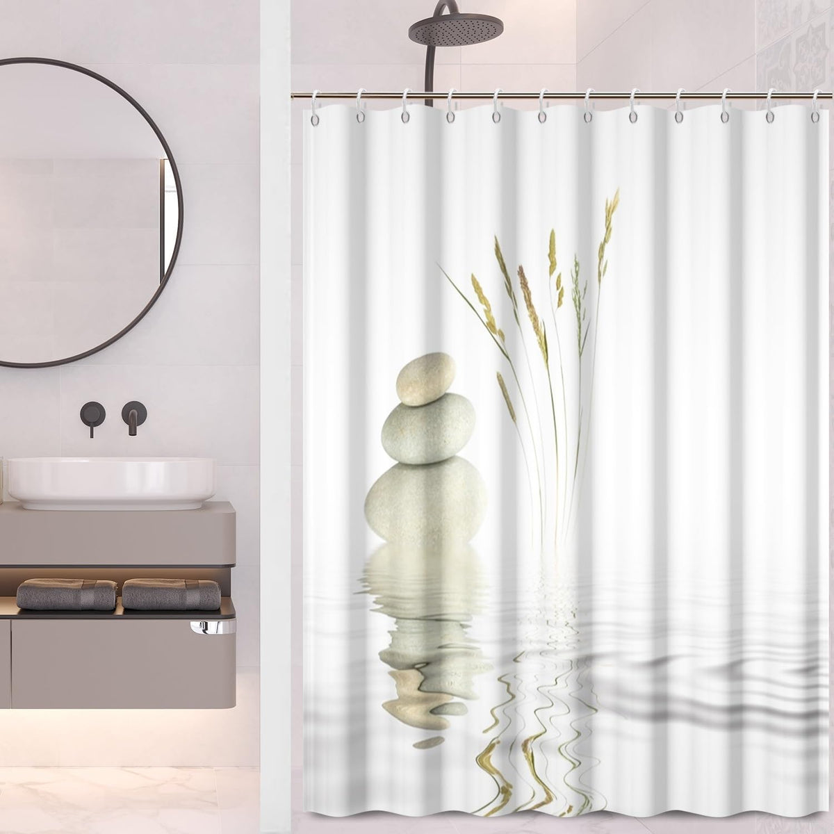 Zen Spa Shower Curtain Zen Stone Wild Grass Reflection in Water Meditation Design Bath Curtain Waterproof Polyester Fabric Bathroom Decor Set with Hooks 65x72inch (65"W x 72"L (Pack of 1) / White)