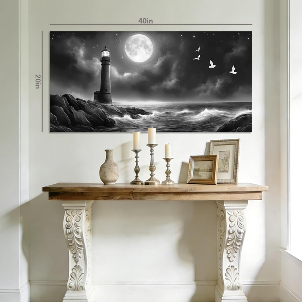 Black and White Lighthouse Canvas Wall Art Full Moon Ocean Night Landscape Painting Flat Print Gallery Wrapped Coastal Artwork for Living Room Bedroom Bathroom Decor (Coastal / Lighthouse Sea 36 / 46"L x 23"W)