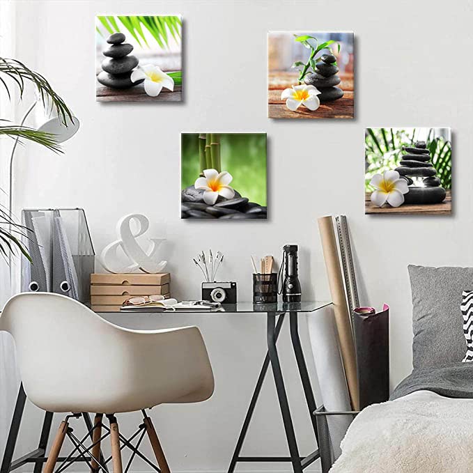 Zen Pictures Meditation Canvas Wall Art Spa Stone Green Room Decor White Frangipani Flower Poster Painting Zen Artwork for Bathroom Wall Décor Living Room Kitchen Decorations Framed Art (AzeJh3G / 12"x12"inches x 4 pcs)