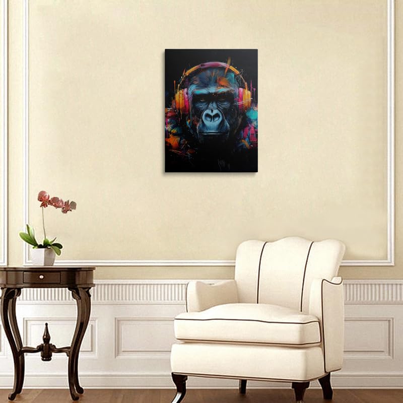 Graffiti Gorilla with Headphones Canvas Wall Art Framed Painting Print Poster Urban Pop Art Neon Pink Orange Blue Teal Splash Music Theme Wall Decor Artwork for Game Room Men Teens 12x16 Inches (gorilla / 16"L x 12"W)