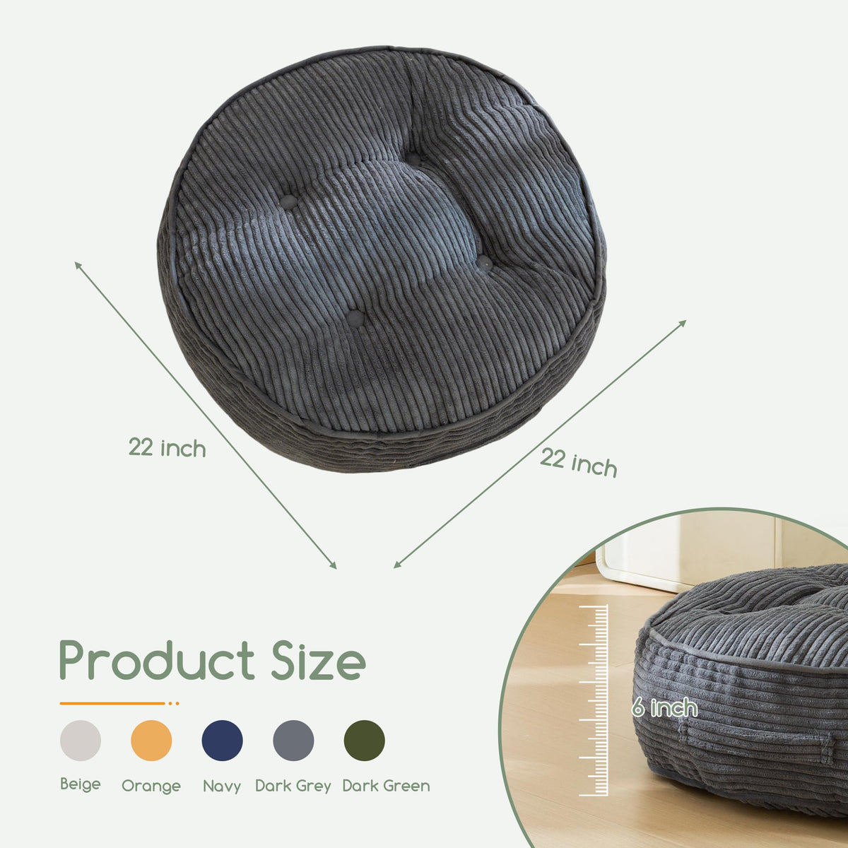6" Extra Thick Floor Pillow Cushion for Adults (Round Dark Grey / 6" Thick(Pack of 1))