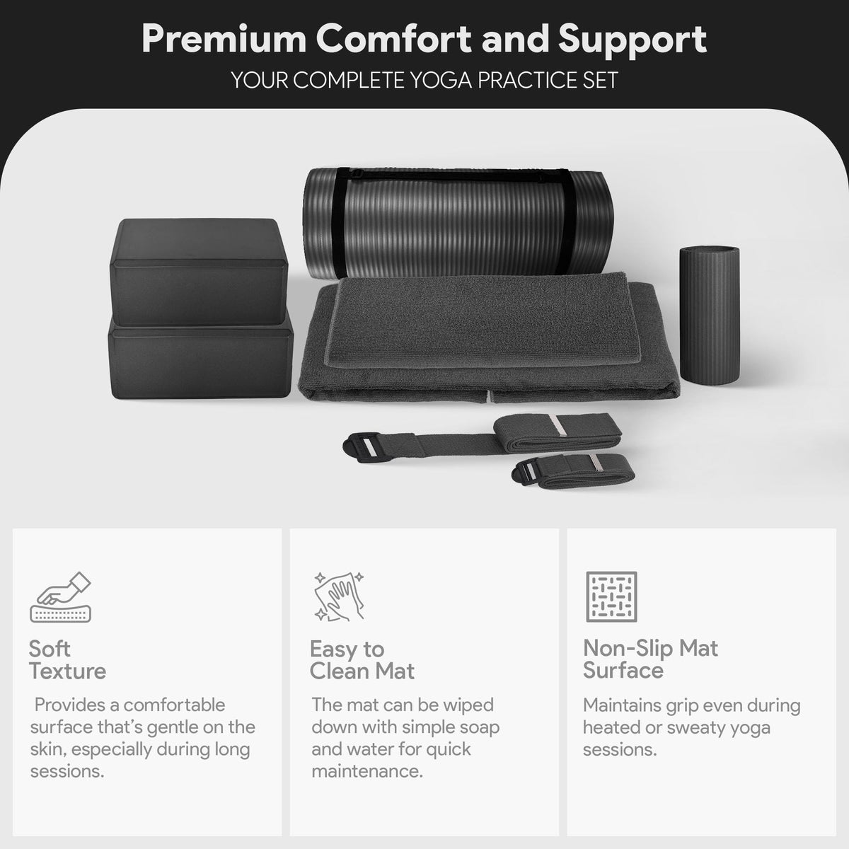 7 Piece Yoga Set with 71x24x0.5 Inches Extra Thick Mat (1"-Thick Mat / Black)