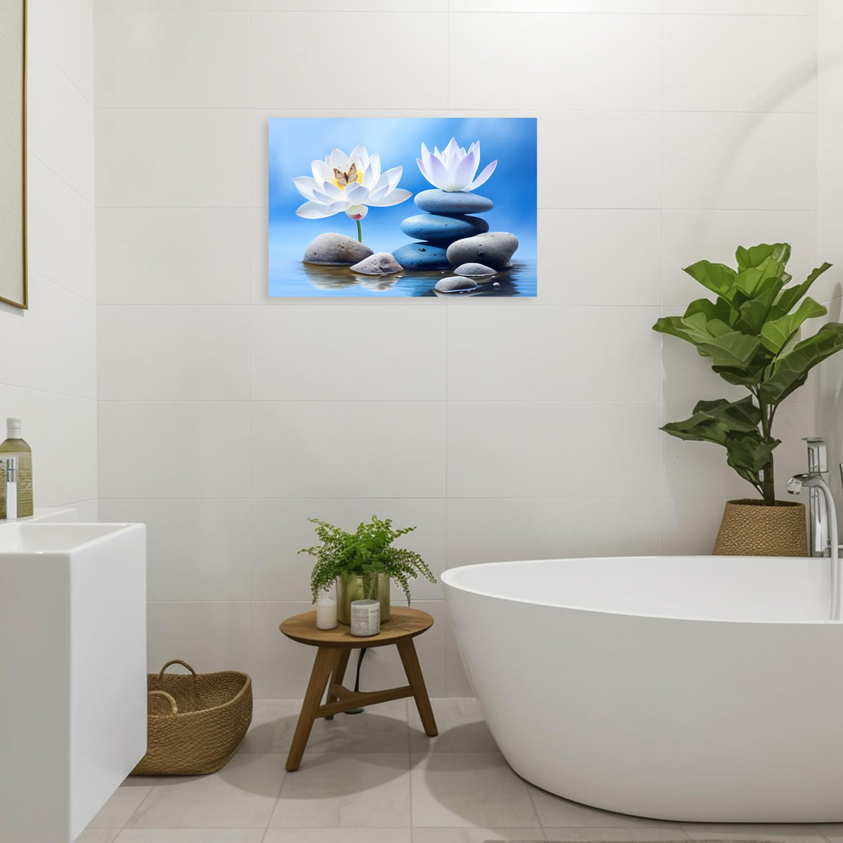 Zen Canvas Wall Art for Bathroom Lotus Pictures Blue Spa Stone Painting Butterfly Flower Artwork for Yoga Decor Frame (Zen - B / 12"L x 18"W)