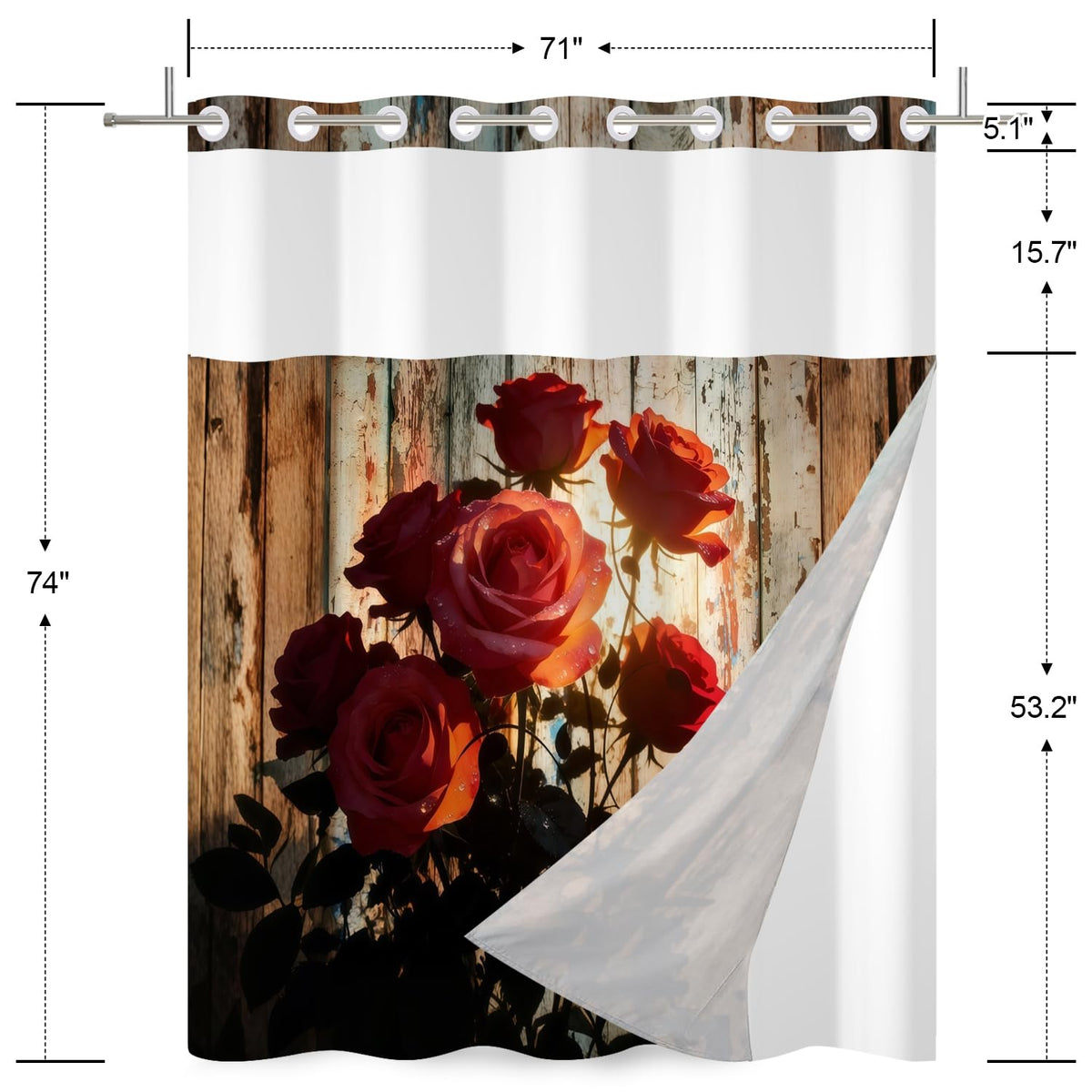 No Hook Floral Shower Curtain Red Rose Shower Curtain with Removable Snap on Liner Set Vintage Rustic Wooden Farmhouse Bathroom Hotel Style Waterproof Fabric Washable 71x74 Inch (Rustic)