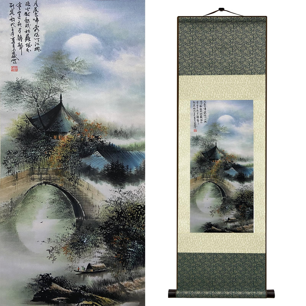 Zen Style River Scene with Arch Bridge Silk Scroll Wall Art Asian Mountain Stream Tapestry Traditional Chinese Decor for Living Room Bedroom Office Hotel Lobby Spa Room 36x12 Inch (HJ-J002)