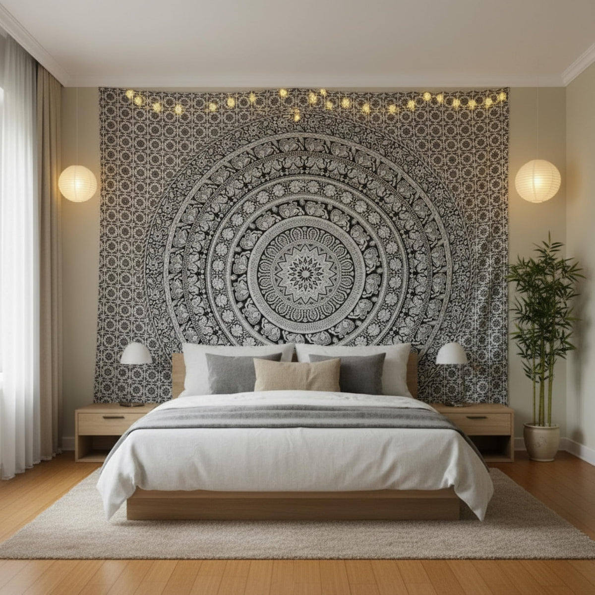 Cotton Mandala Tapestry (Black and White / 84"L x 90"W)