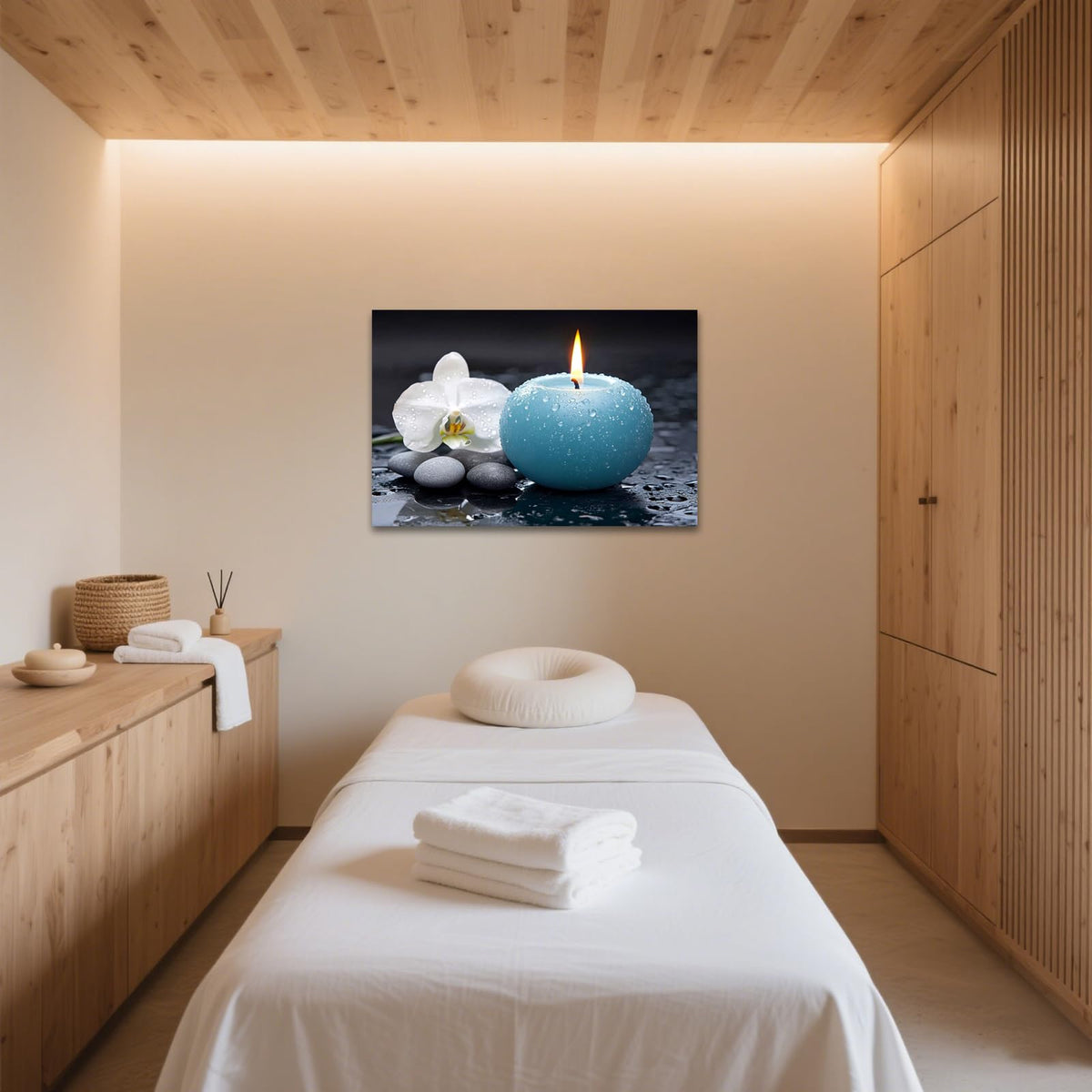 Zen Canvas Wall Art Blue Candle with White Orchid Picture Painting Framed Artwork Poster for Yoga Meditation Room Spa Bathroom Decor (WE000050-3 / 30"L x 20"W)