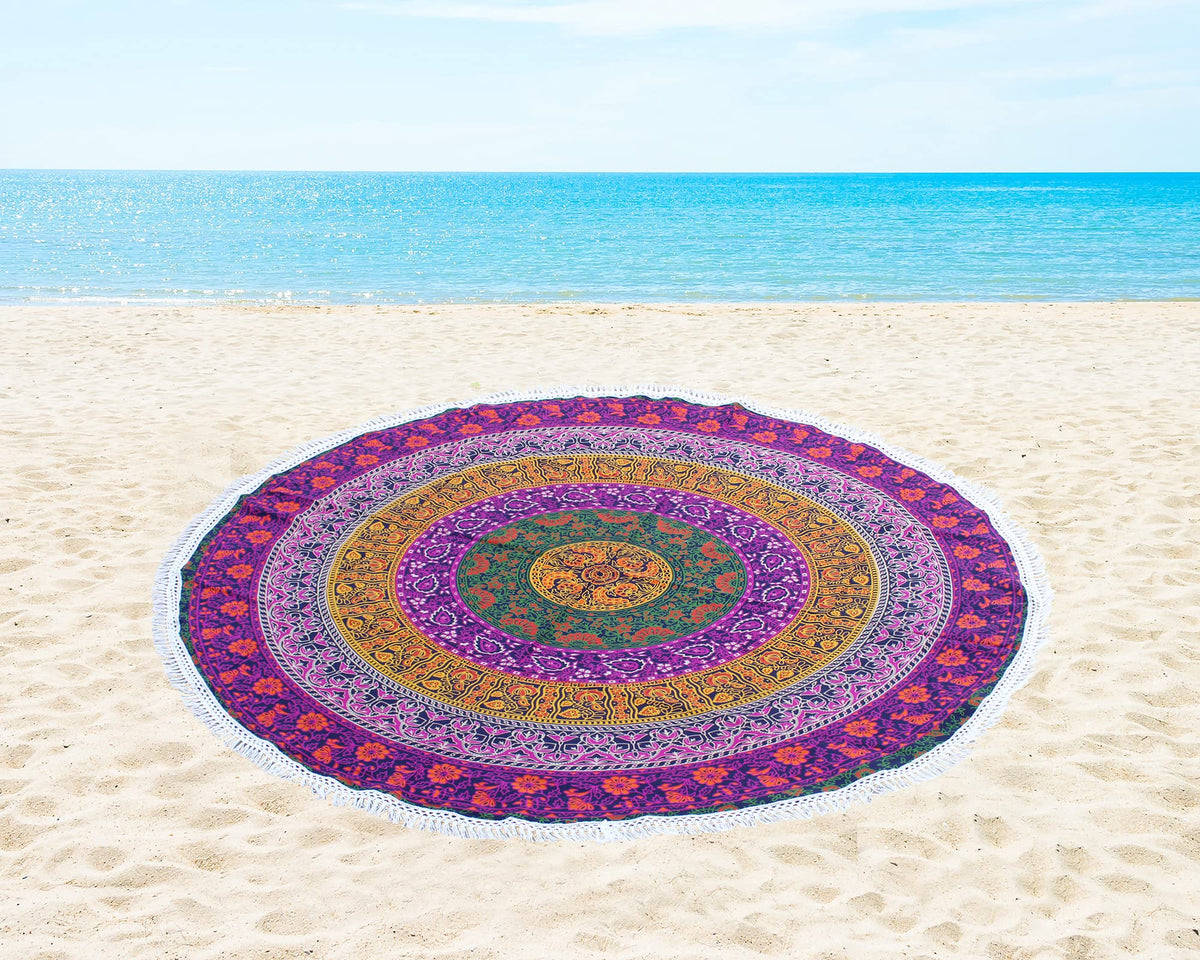 Round Beach Tapestry Turquoise Mandala Throw (5'10" (Round) / 6 Color)