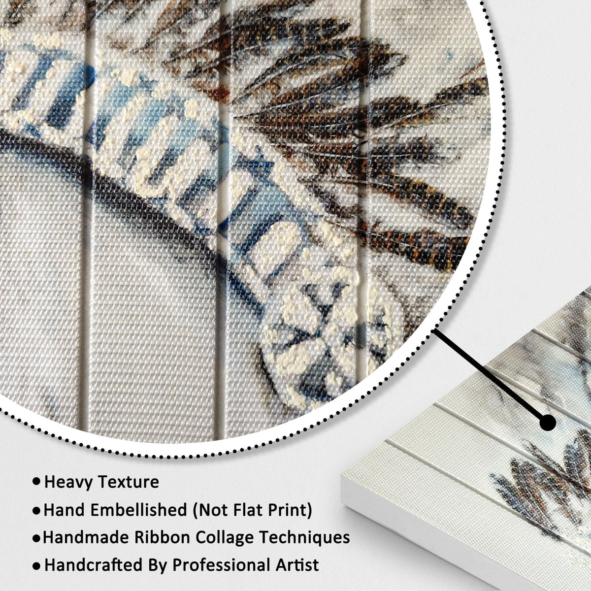 Feather Headdress Ribbon Wall Art Boho Wall Decor Handmade Ribbon Canvas Painting Modern 3D Woven Unique Textured Prints for Living Room Bedroom Bathroom Office Kitchen Home Decor 20" x 20" (Grey / 20"L x 20"W)