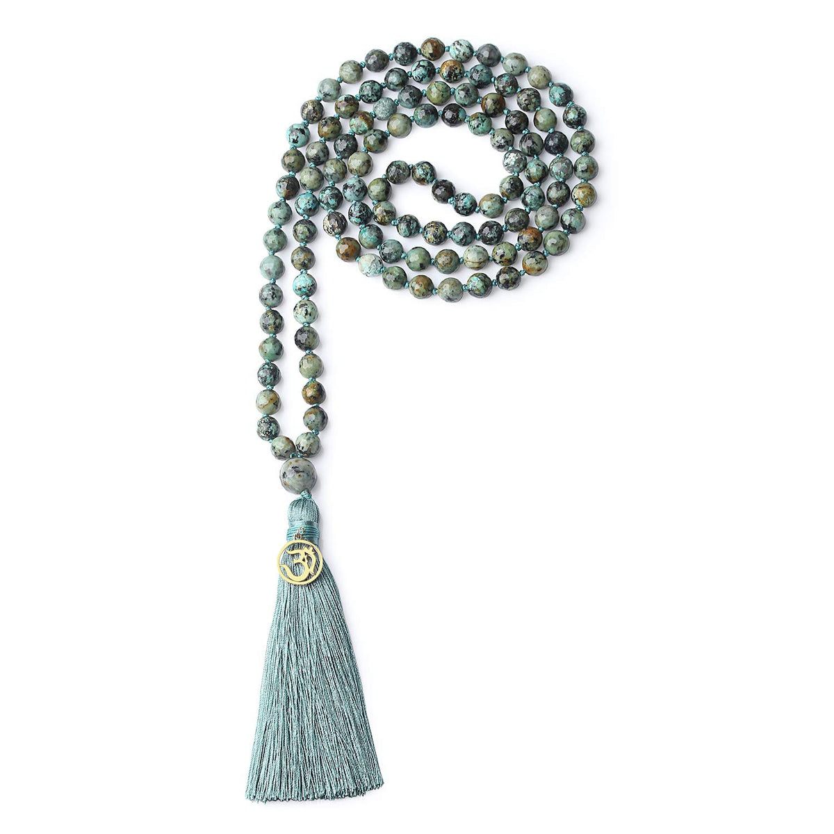 OM Charm Hand Knotted Tassel 108 Mala Beads African Turquoise Stone Beaded Necklace 8mm (8mm / Faceted African Turquoise)