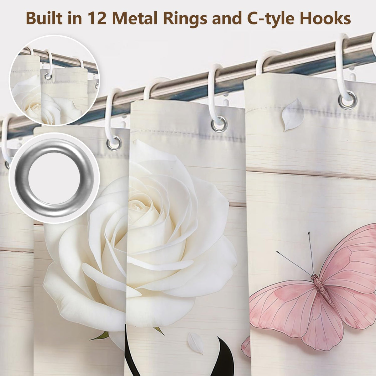 Floral Botanical Shower Curtain with Hooks (White Rose)