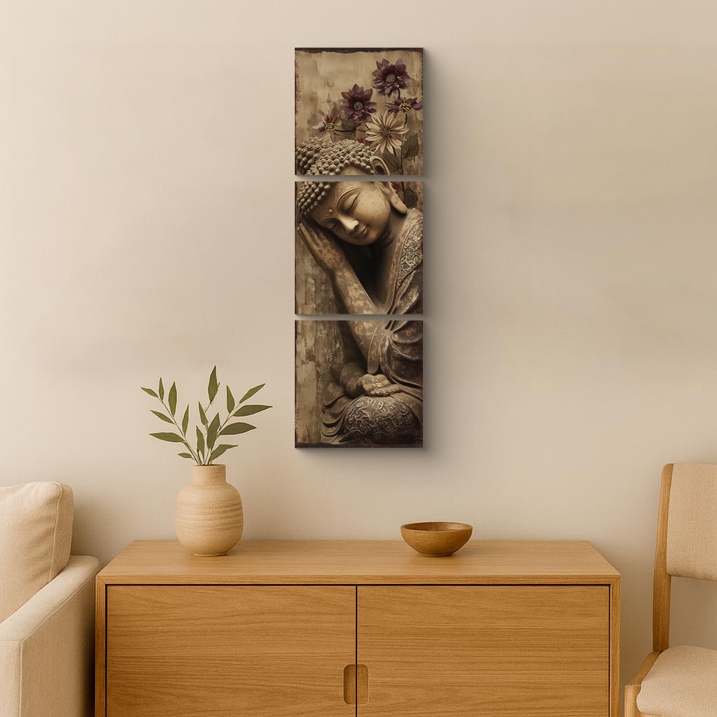 3PCS Serene Sleeping Buddha Canvas Wall Art Print Meditating Buddha Statue with Purple Flowers Peaceful Zen Buddhist Spiritual Pictures for Bedroom Living Room Meditation Room Decor (12"L x 12"W / Sleeping Buddha)
