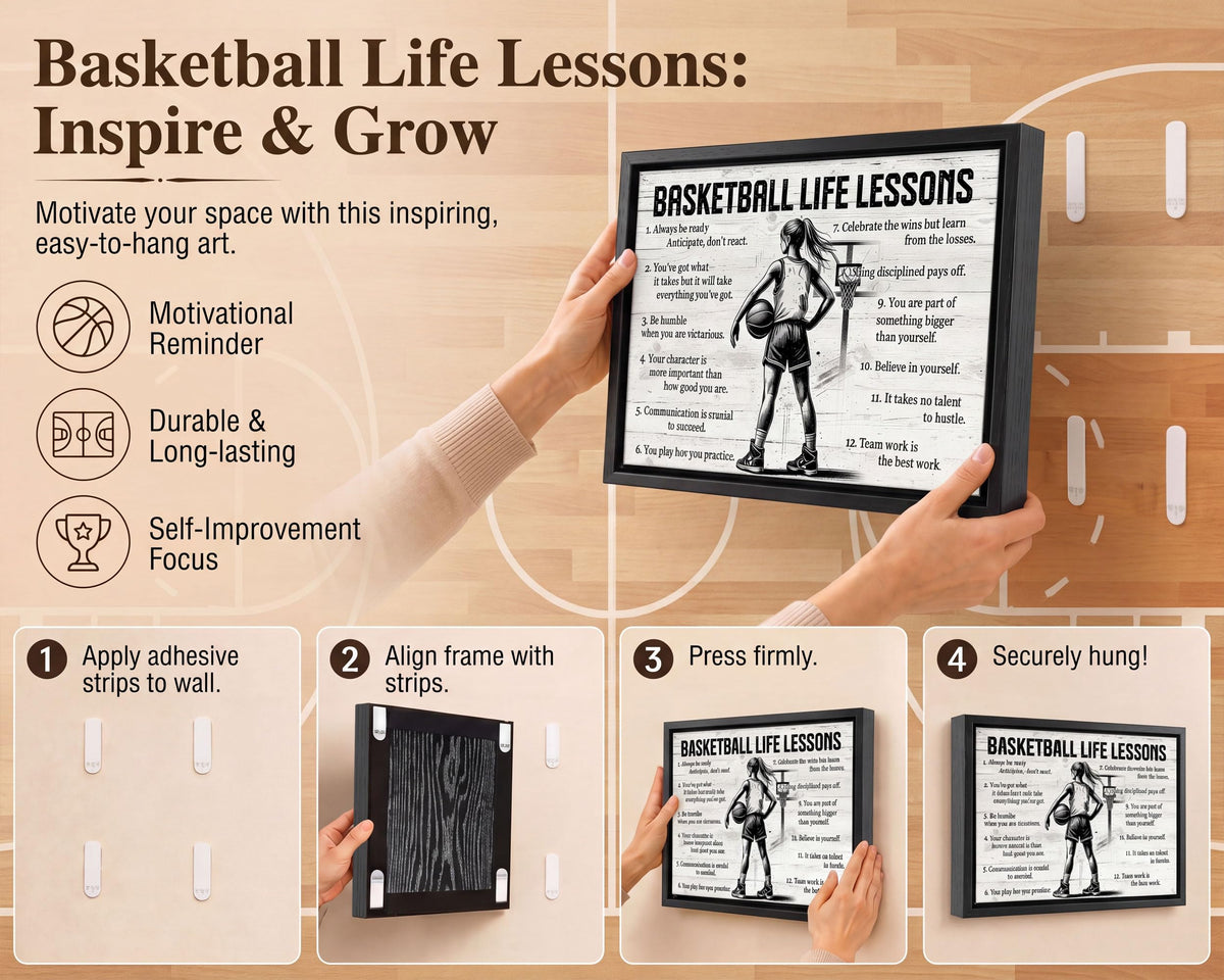 Black Framed Girl Basketball Life Lessons Canvas Wall Art 16x24in (Girl Basketball / 24"L x 16"W)