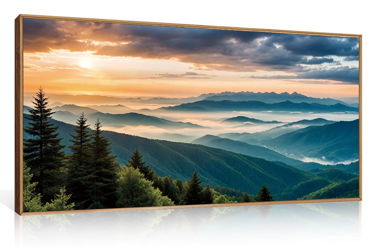 Large Nature Mountain Sunrise Framed Canvas Wall Art (Boho Forest Mountain Wall Art / 40"L x 20"W)