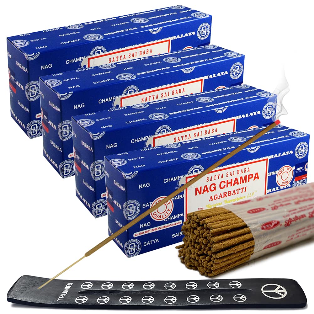 Nag Champa Incense Sticks 250g x 4 and Incense Stick Holder Bundle Insence Insense Satya Incense (Nag Champa 250g - Pack of 4)