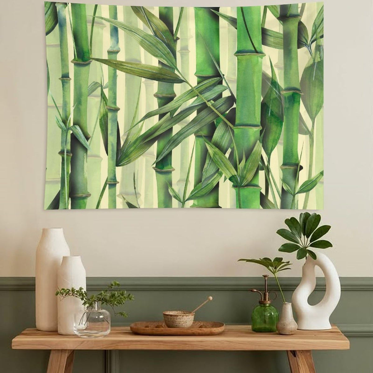 Nature Green Bamboo Print Tapestry Wall Hanging Asian Japanese Plant Rustic Stems Leaves Jungle Tapestries Home Decor for Living Room Bedroom Apartment Farmhouse Dorm 30"x40" (30"L x 40"W / Bamboo-2)